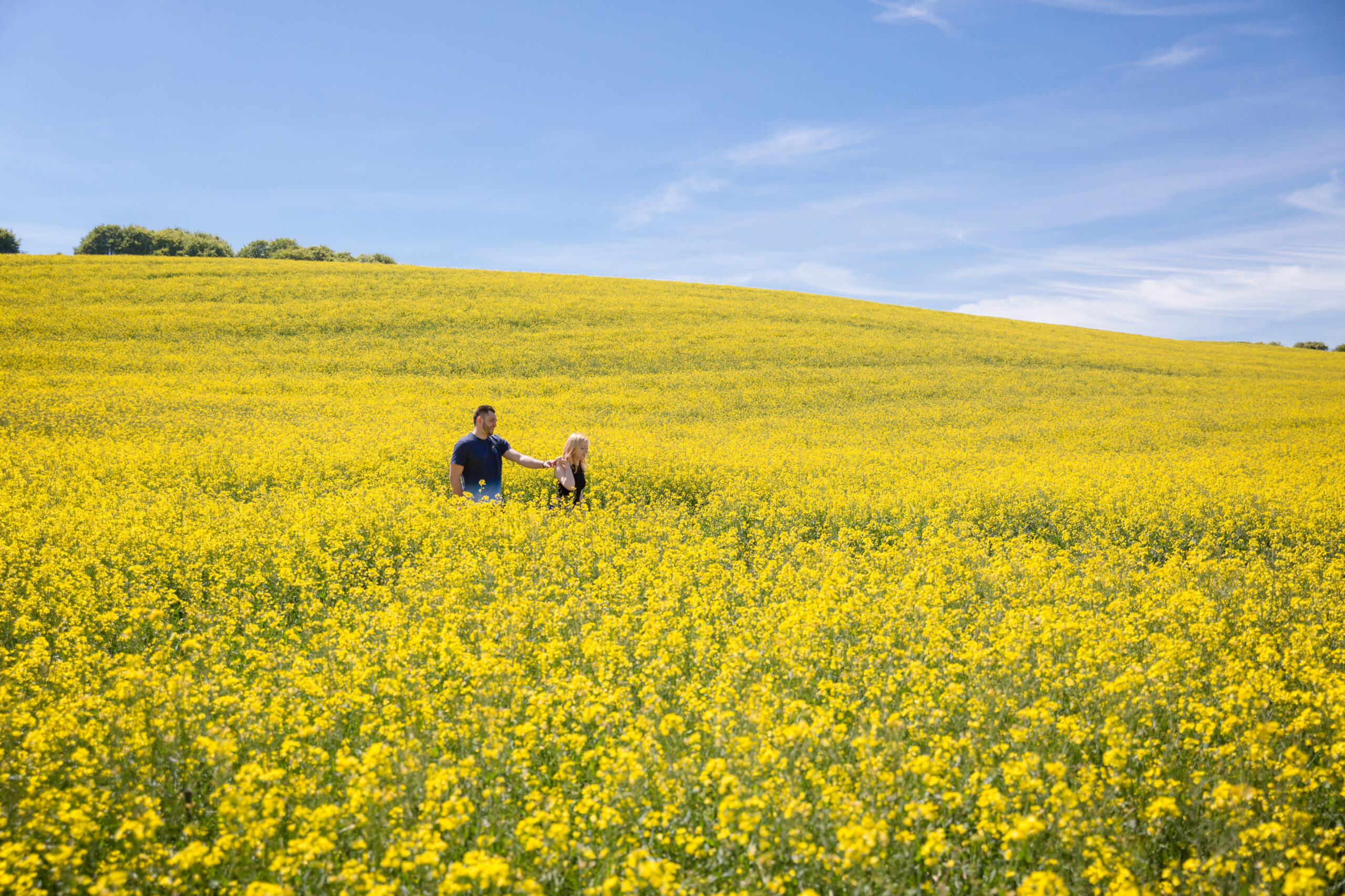 Couple walking in field of yellow flowers during pre wedding session by Kathryn Goddard Photograpgy