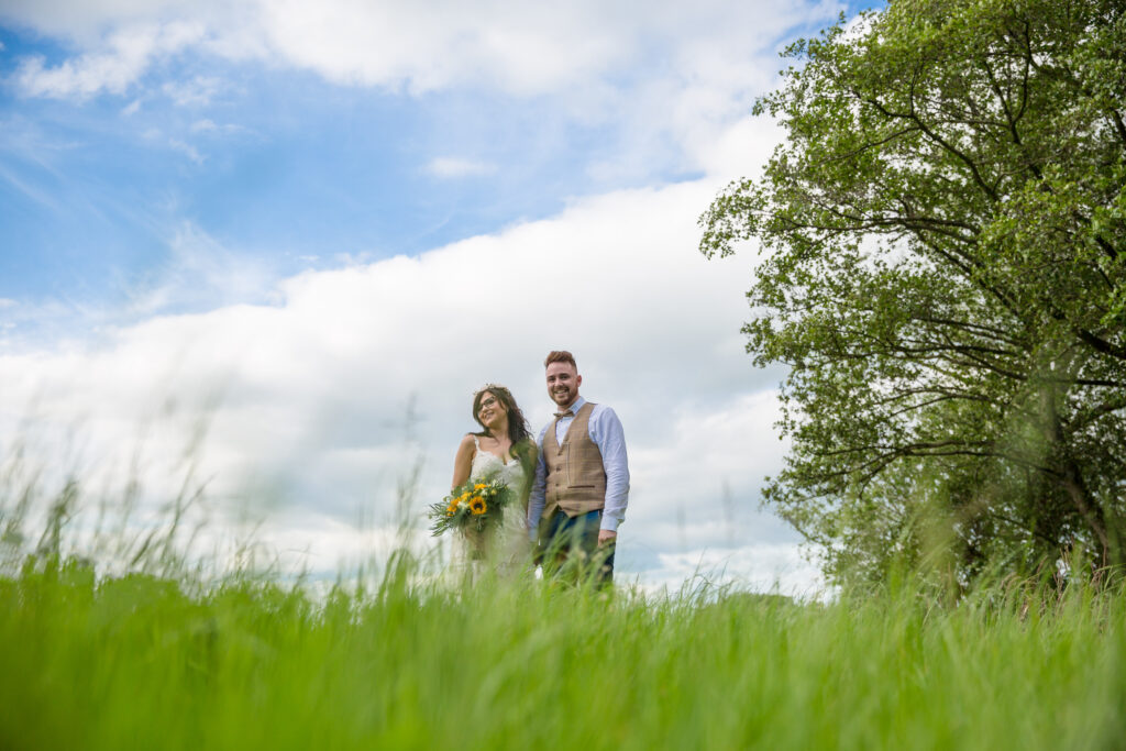 Couple on their sunny wedding day, Herefordshire