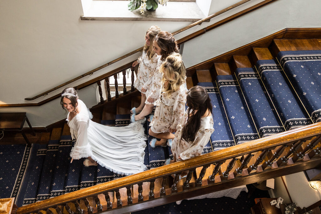 Practising walking d own the stairs at Clearwell Castle