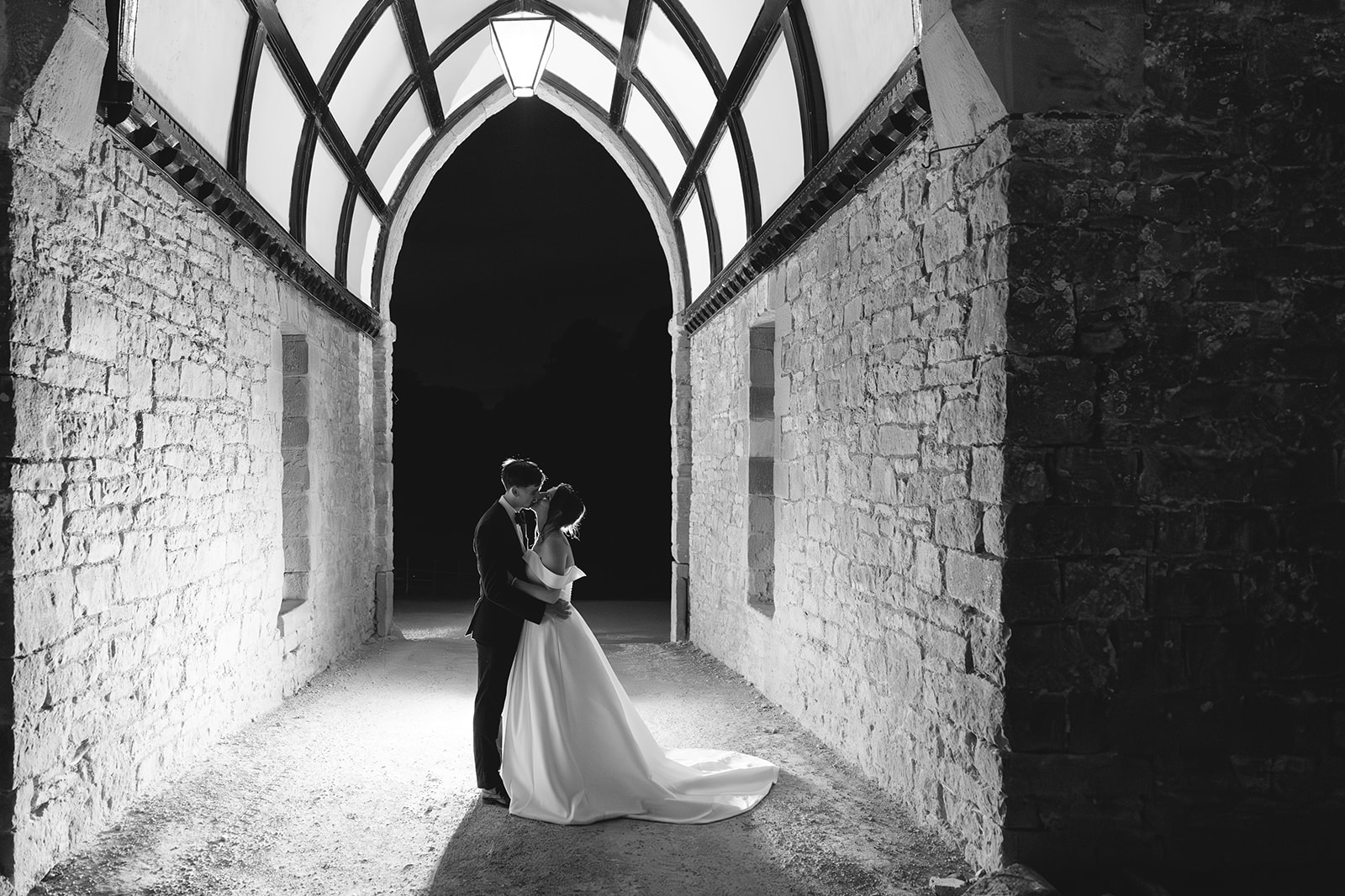 Night time portrait of couple at Clearwell Castle
