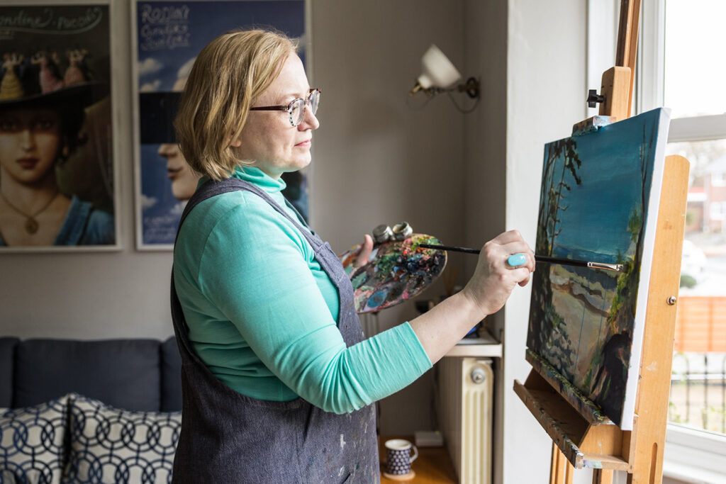 Artist working in 
studio branding shoot Cotswolds